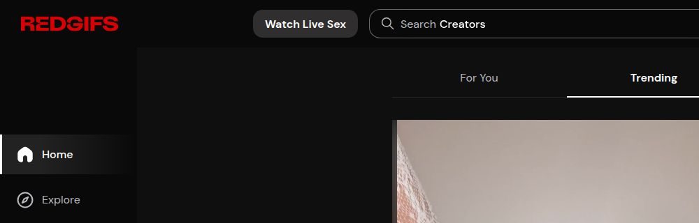 Barra superior de RedGIFs com o campo de pesquisa de criadores entre o botão Watch Live Sex e o botão AI Porn